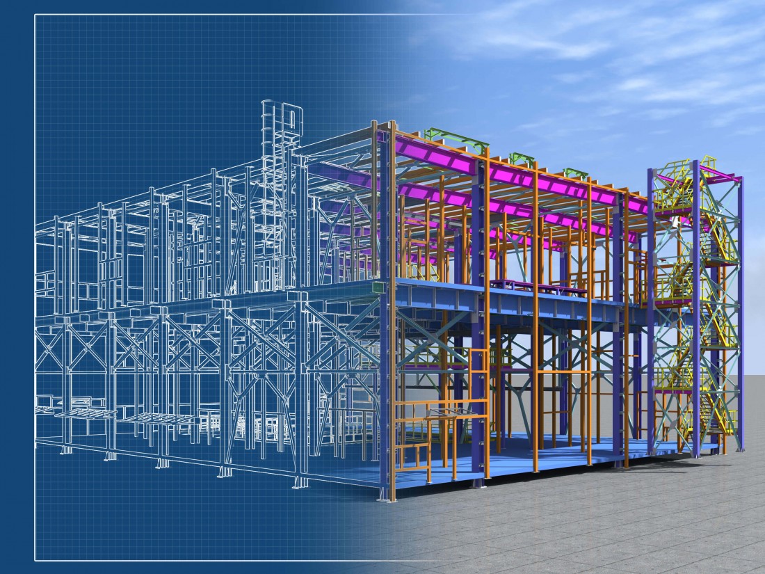 Building Information Model of metal structure. 3D BIM model. The building is of steel columns, beams, connections, etc. 3D rendering. Engineering, industrial, construction BIM background